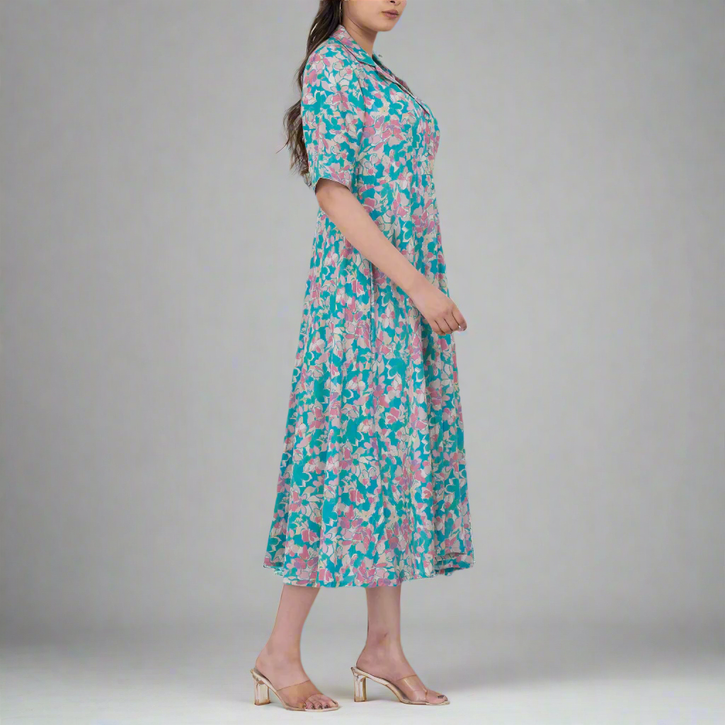  a floral collared short sleeve a-line maxi dress made from breathable handloom cotton fabric