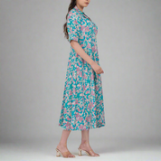  a floral collared short sleeve a-line maxi dress made from breathable handloom cotton fabric