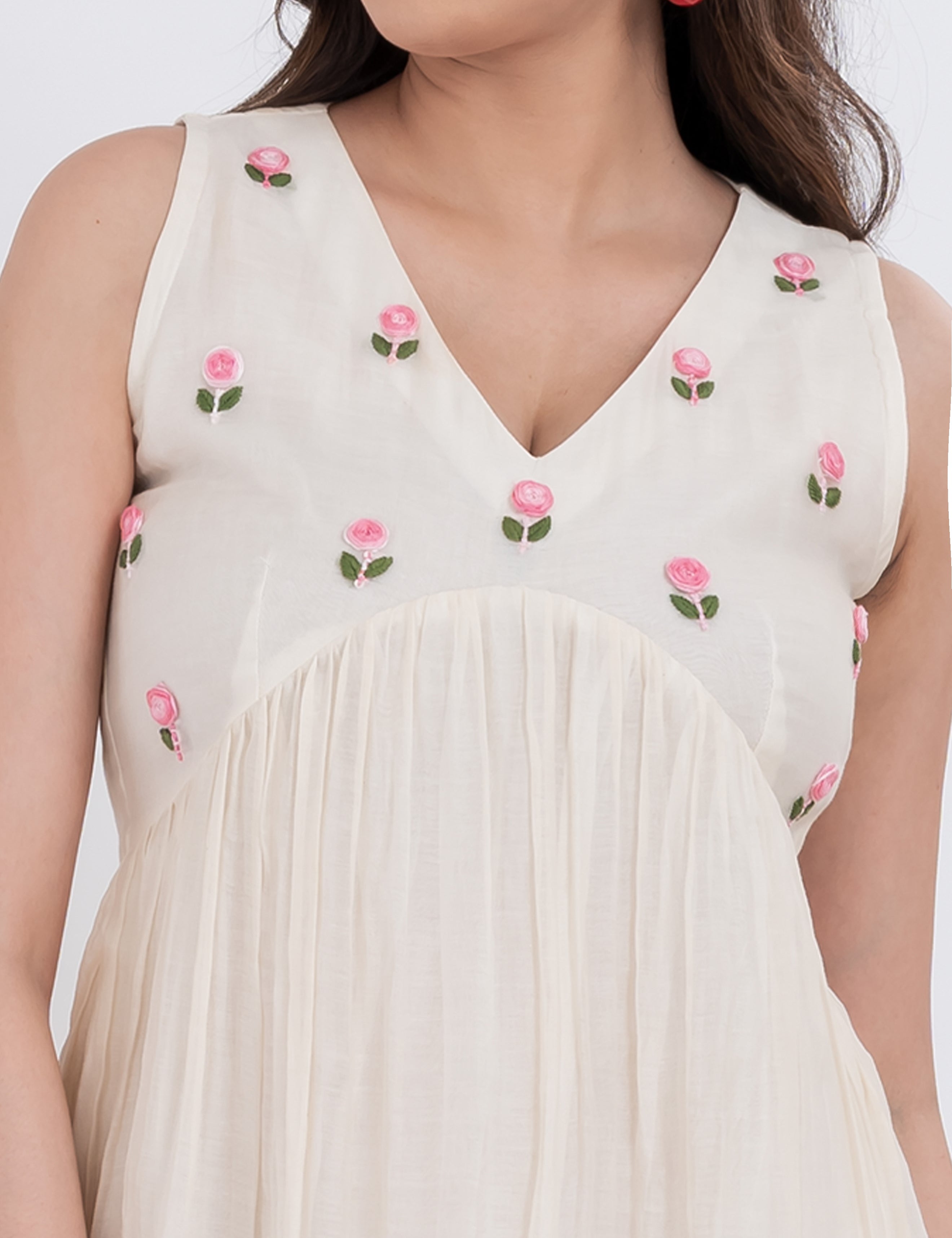 Elegant floral embroidered cotton silk dress with a delicate neckline.