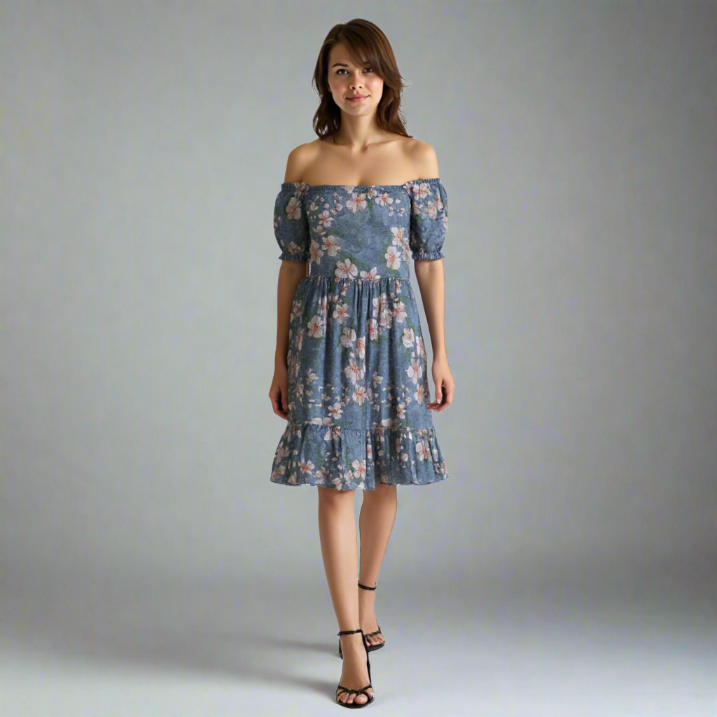 Off-shoulder floral print tiered mini dress with puff sleeves.