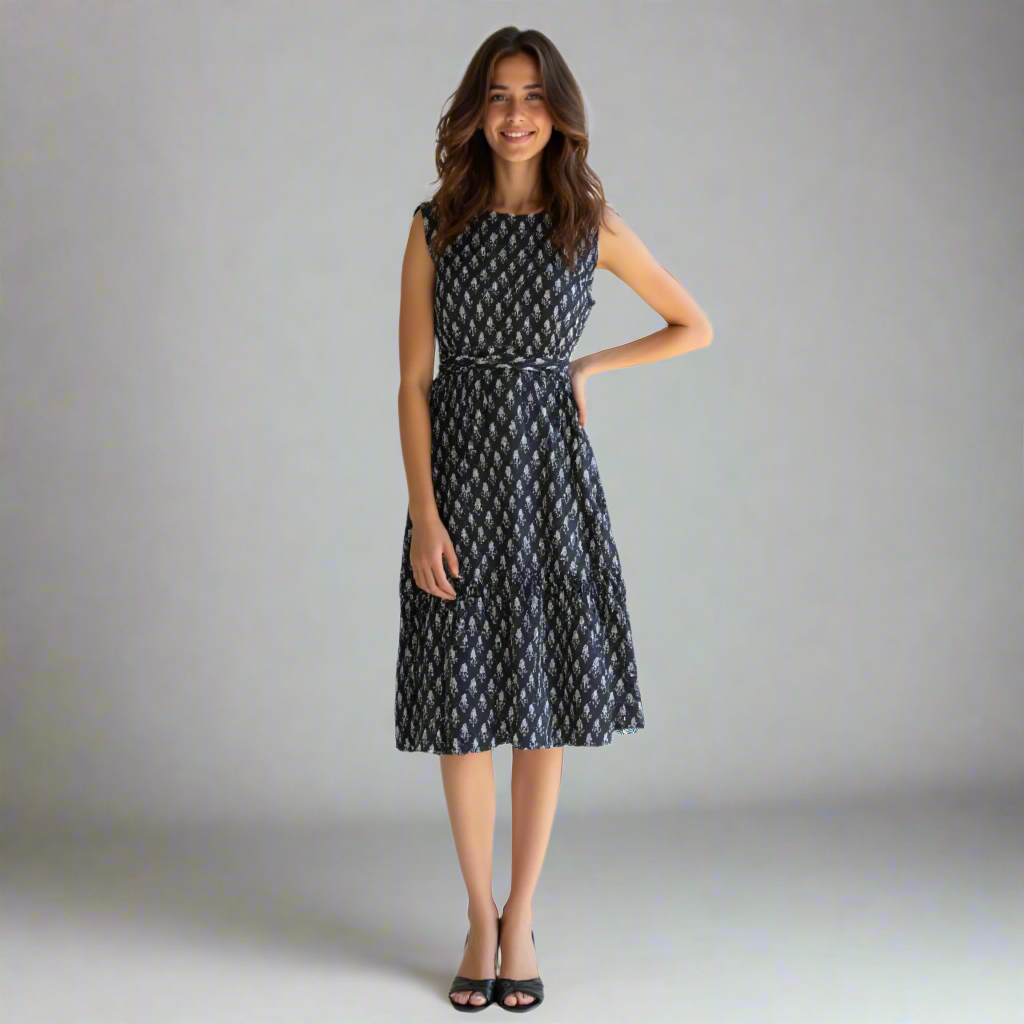 Close-up of the floral print and tie belt waist of a tiered midi dress, emphasizing the elegant design.