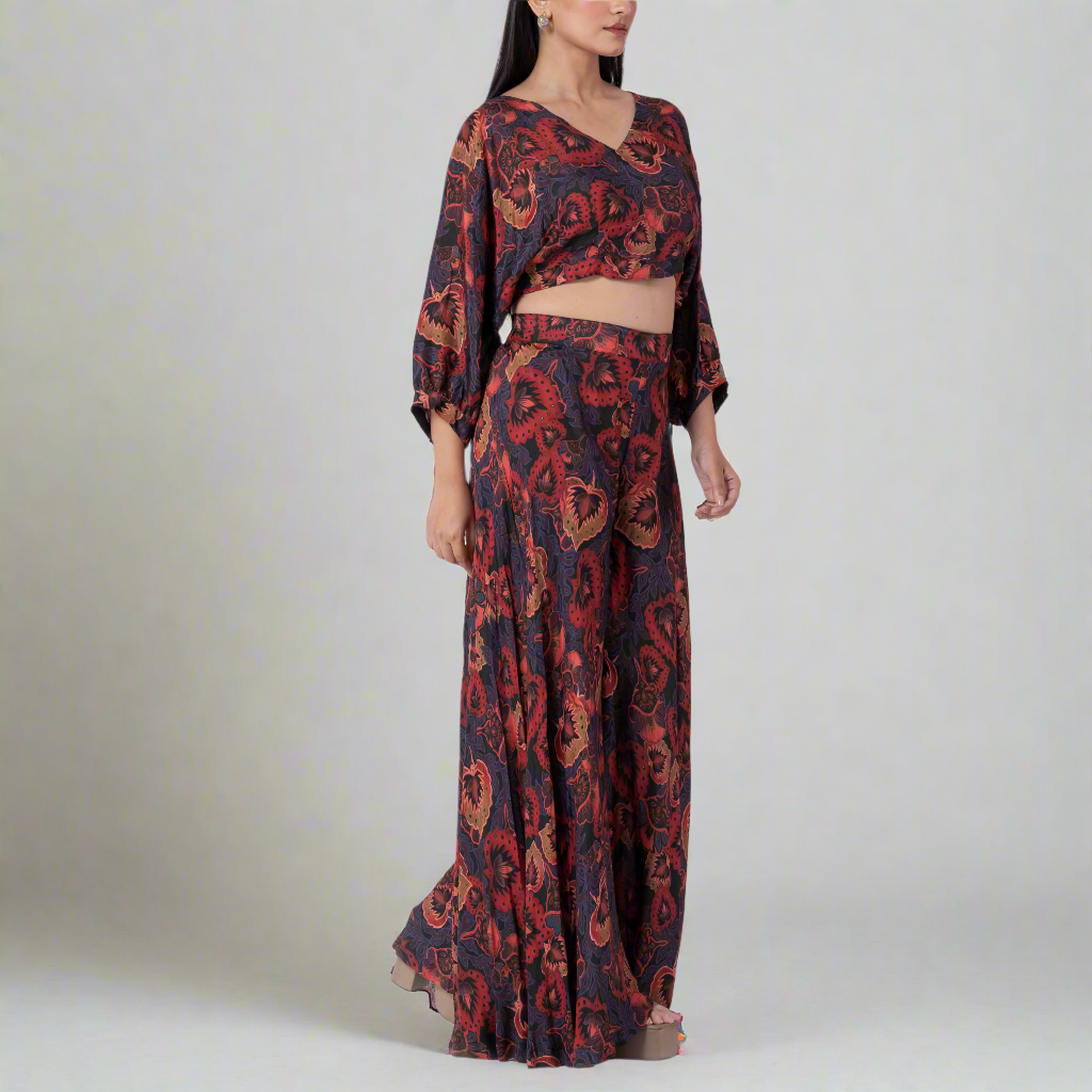 Floral print rayon palazzo pants wide leg style