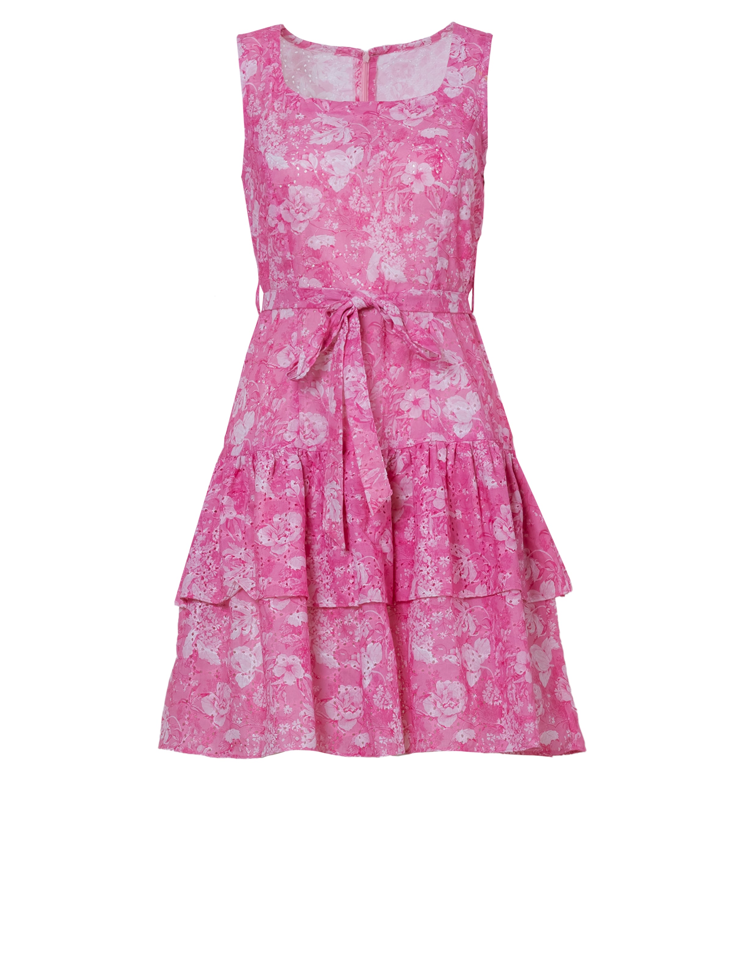 Tiered floral mini dress with a chic belt accentuating the waist