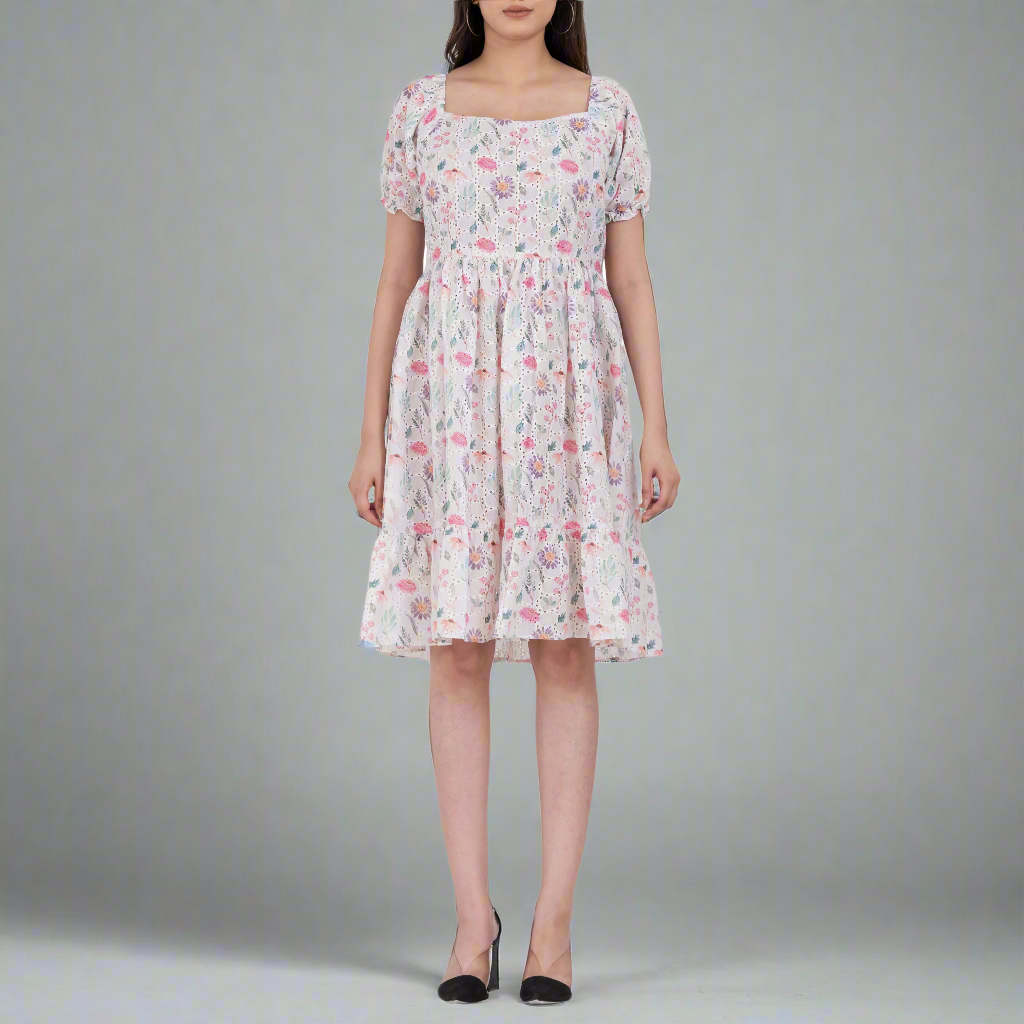 Floral print tiered A-line dress with puff sleeves and square neckline