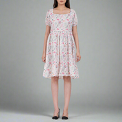 Floral print tiered A-line dress with puff sleeves and square neckline