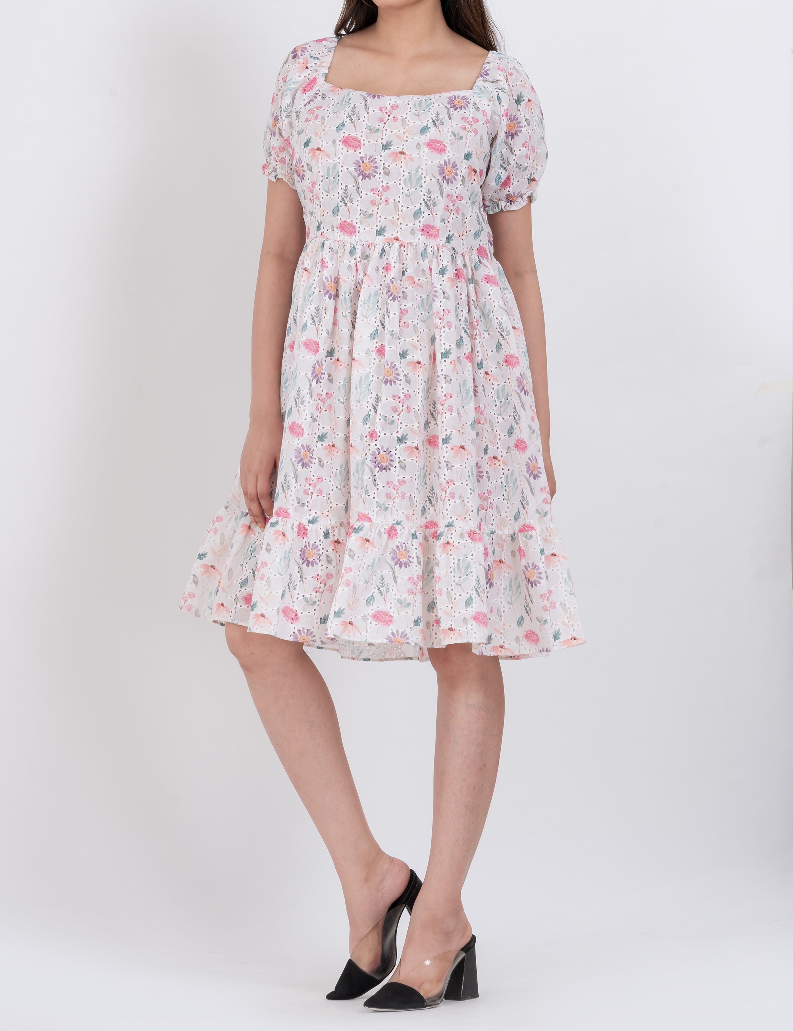 Floral print tiered A-line dress with puff sleeves and square neckline