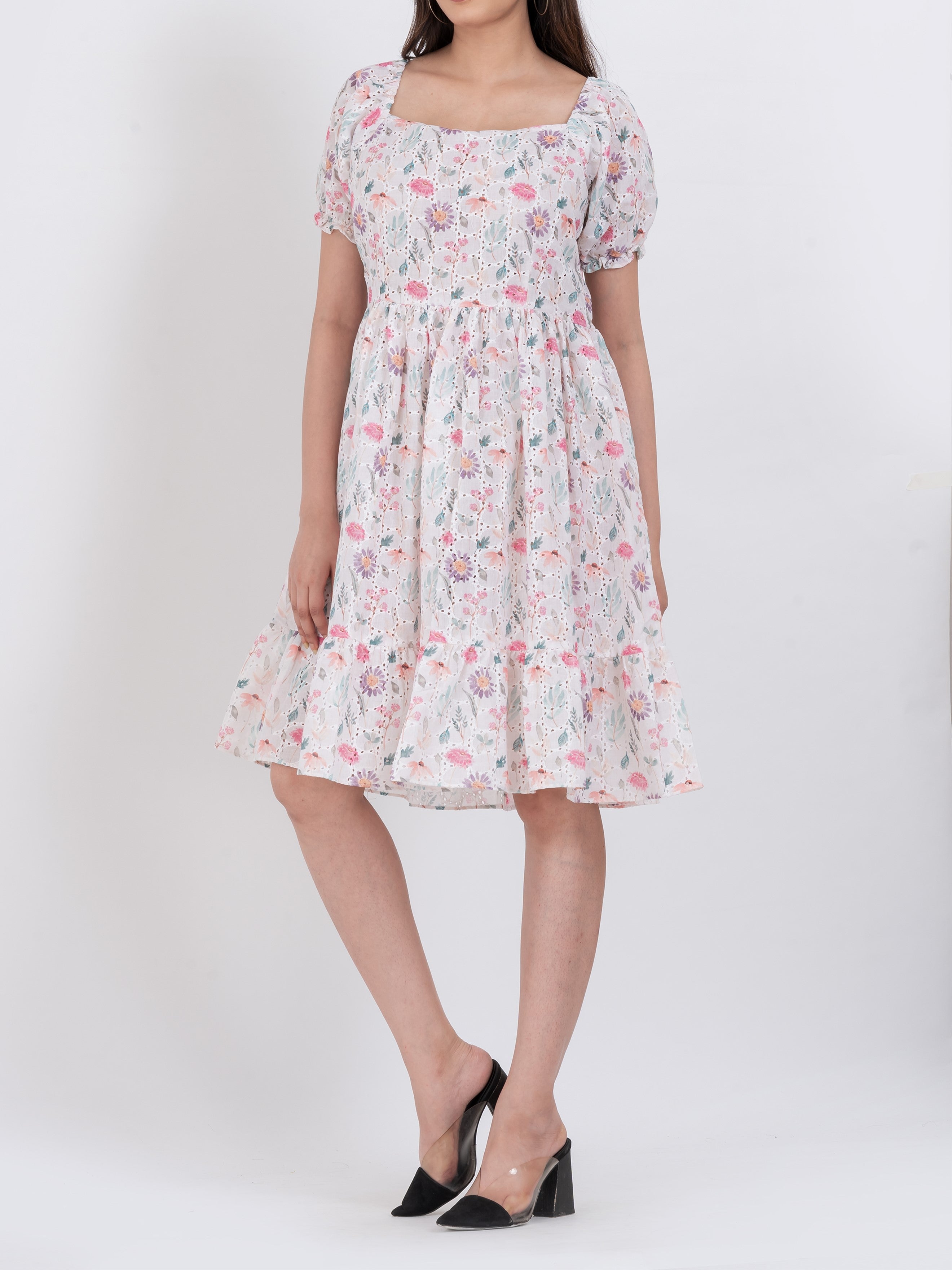 Floral print tiered A-line dress with puff sleeves and square neckline