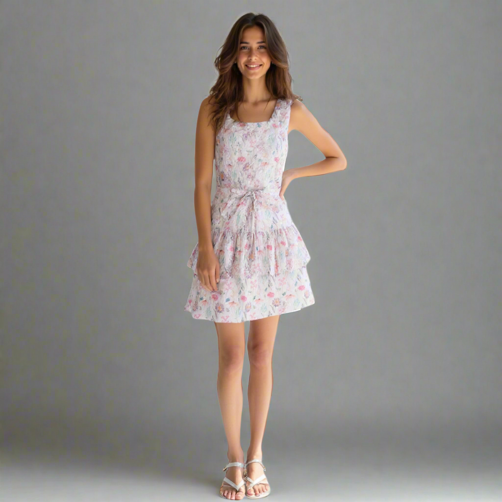 Model wearing a floral tiered mini dress with a tie waist and vibrant floral print.