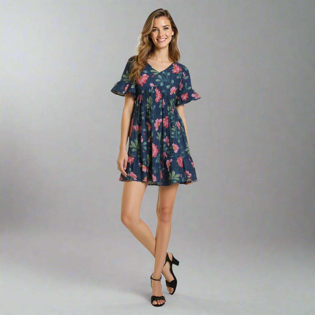 Front view of the floral V-neck mini dress showcasing the tiered design and floral print.