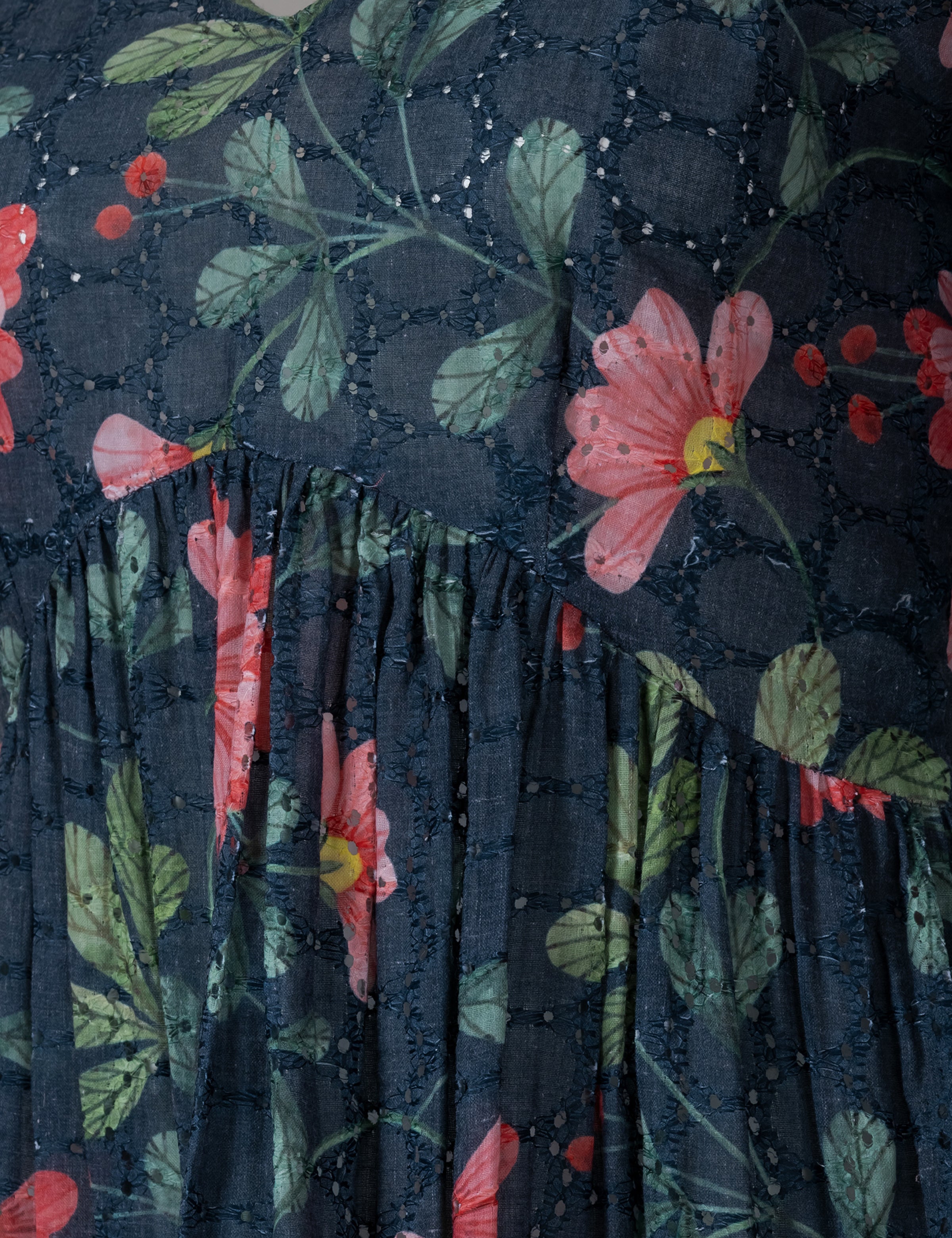 Side view of the floral print V-neck A-line dress highlighting its flowy silhouette.