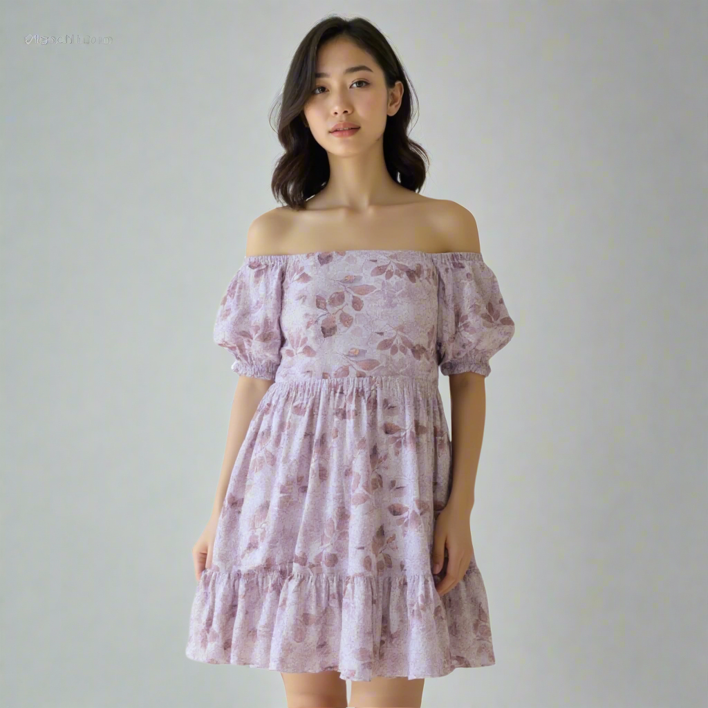 Elegant floral off-shoulder puff sleeve mini dress with a tiered skirt, perfect for summer outings.