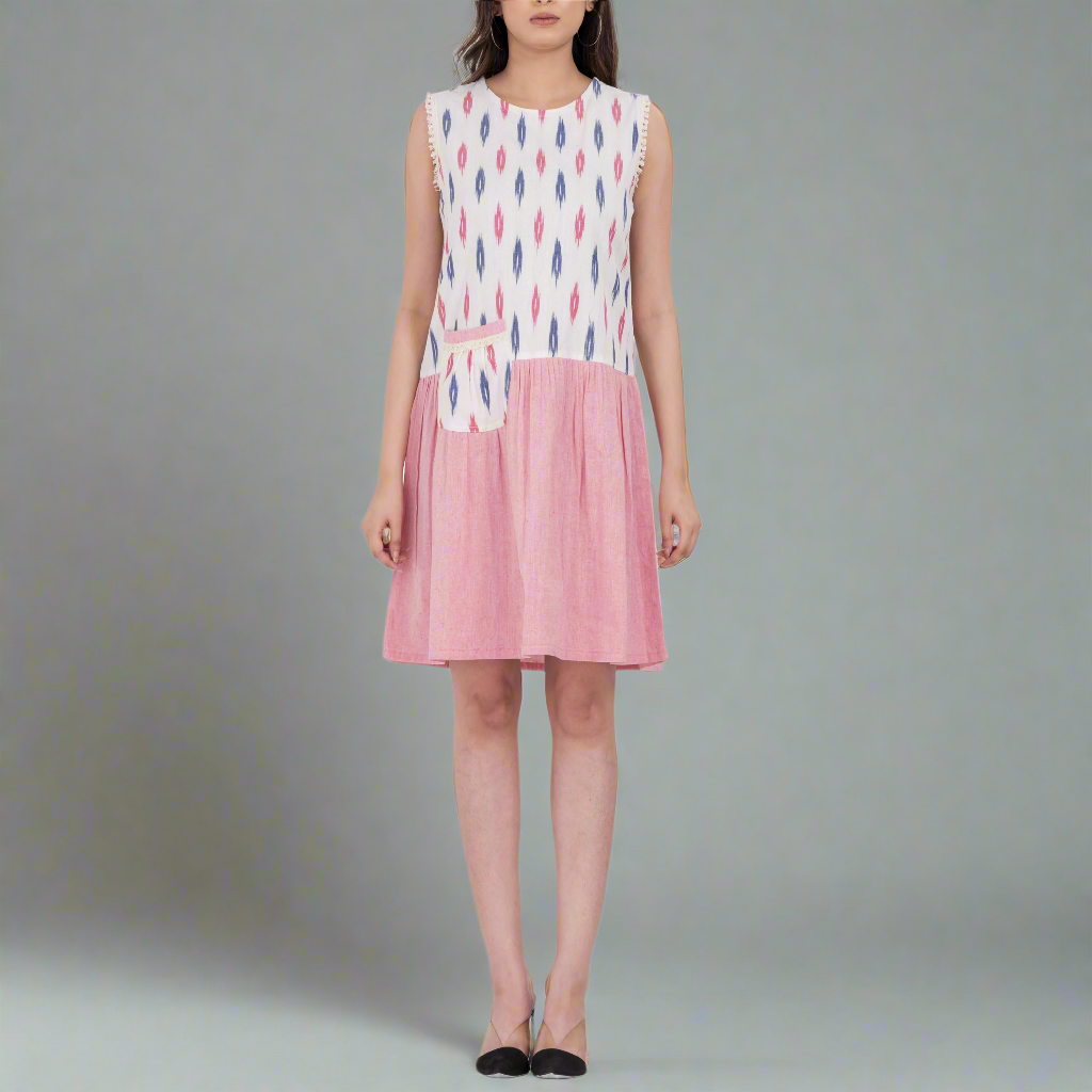 Handloom ikat-inspired sleeveless mini dress with pocket and gathered hem