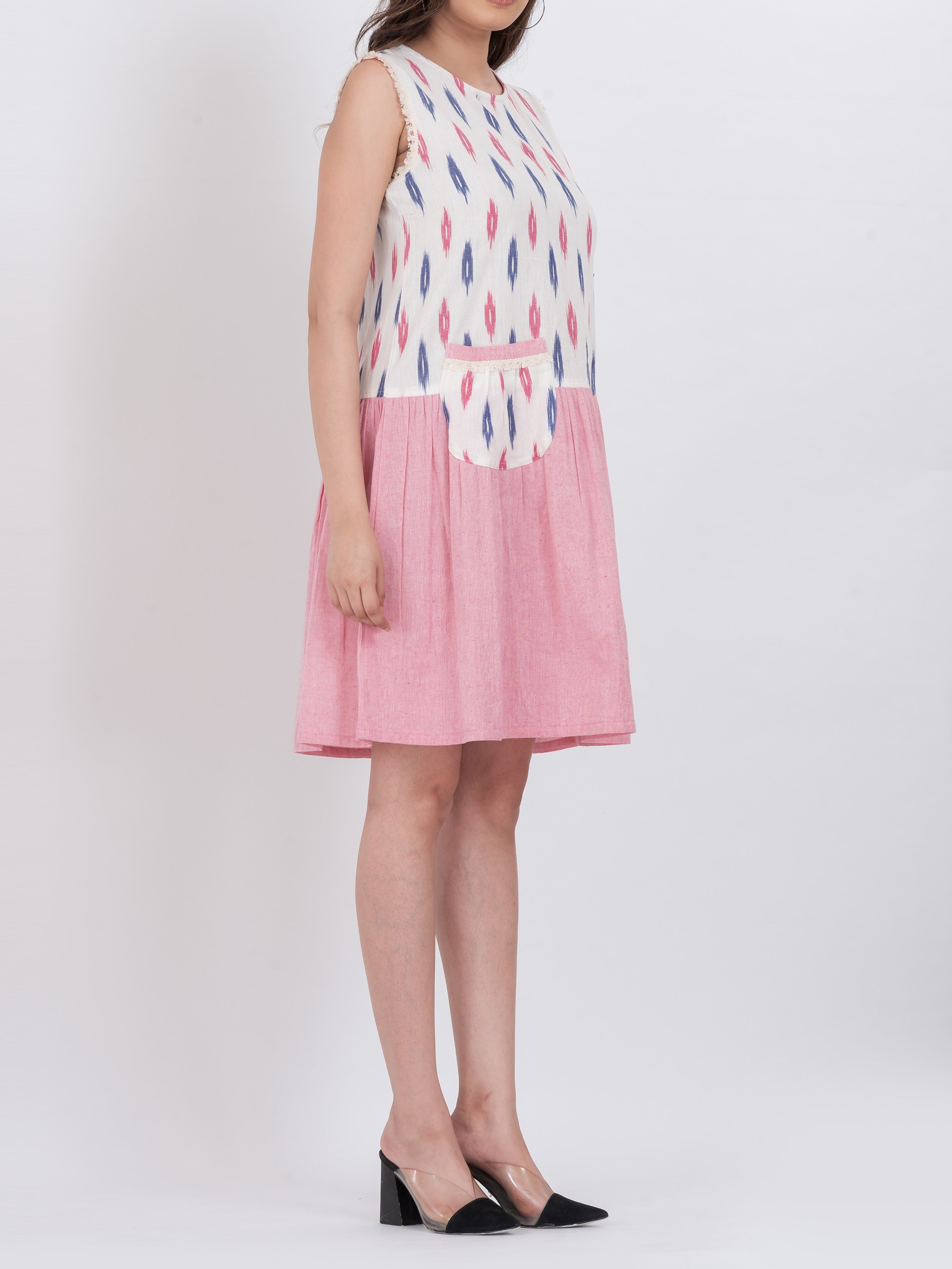 lightweight cotton day dress featuring sleeveless ikat print top and soft flowing skirt