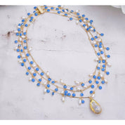 Freshwater white rice pearl blue enamel necklace and bracelet set