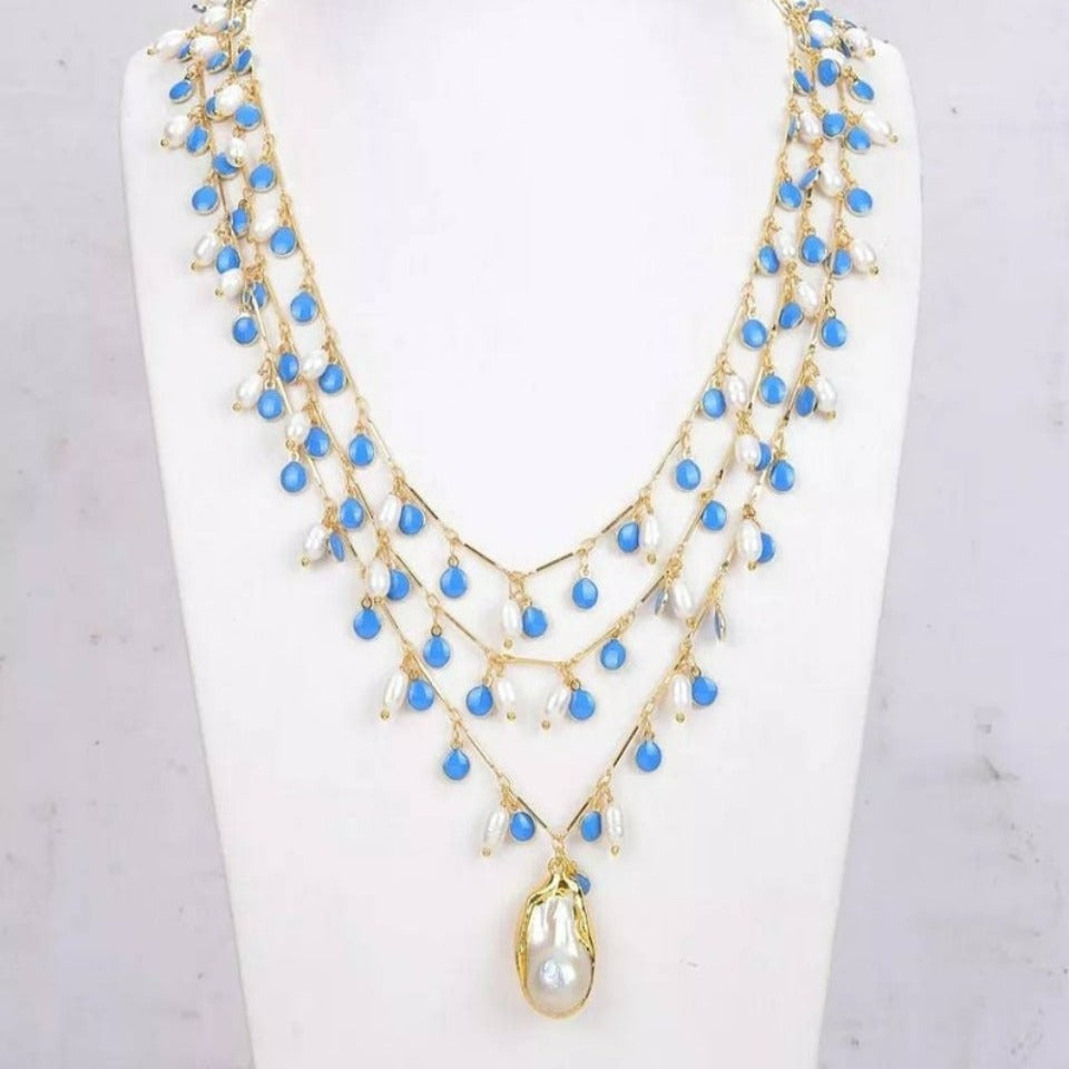 Freshwater white rice pearl blue enamel necklace and bracelet set