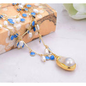 Freshwater white rice pearl blue enamel necklace and bracelet set