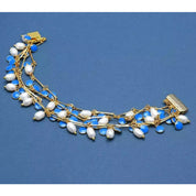 Freshwater white rice pearl blue enamel necklace and bracelet set