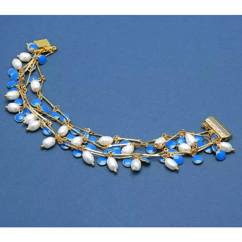 Freshwater white rice pearl blue enamel necklace and bracelet set