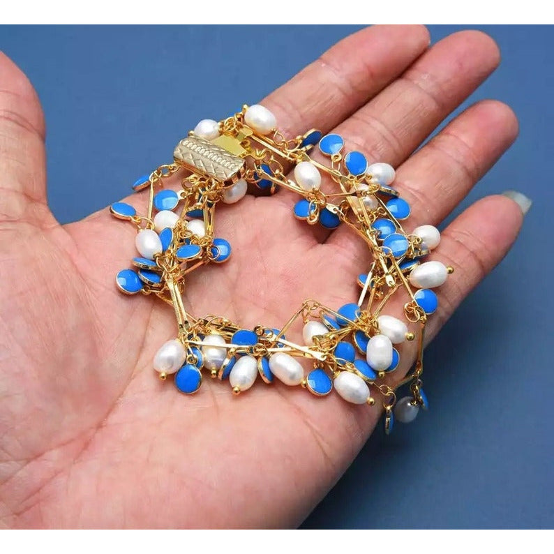 Freshwater white rice pearl blue enamel necklace and bracelet set