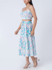 Botanical print rayon a-line midi skirt