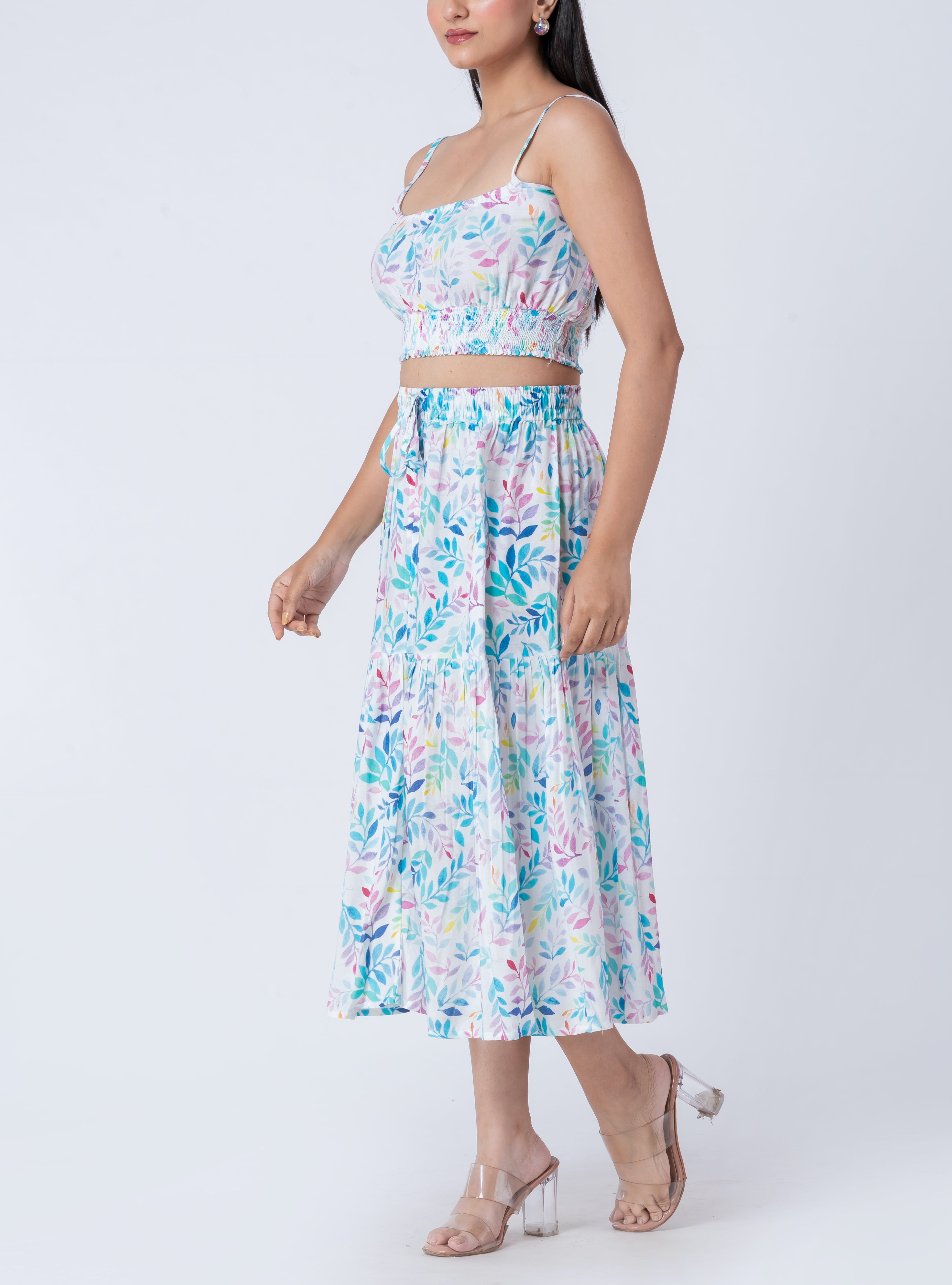 Botanical print rayon a-line midi skirt