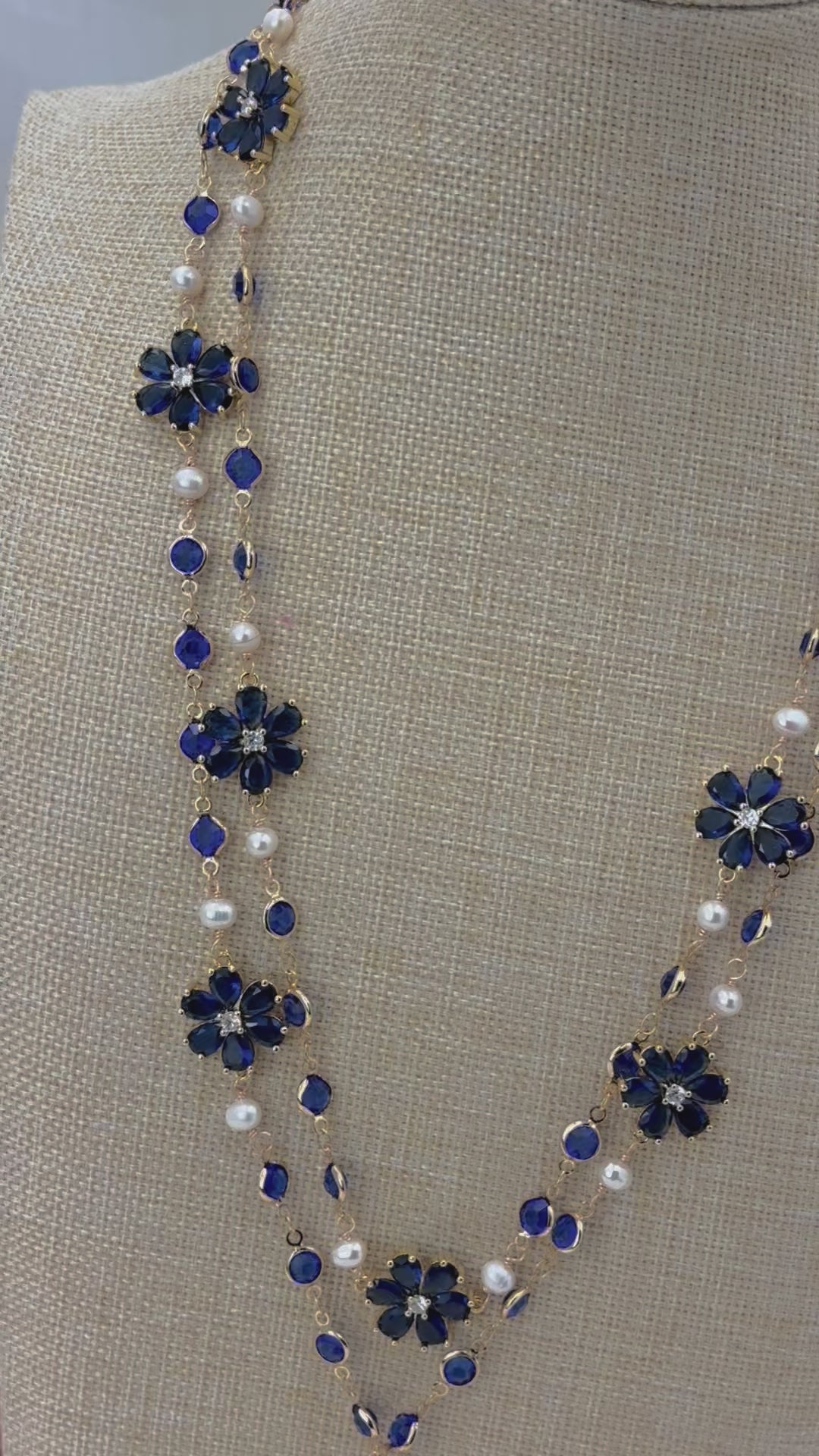 Blue floral cultured baroque pearl drop necklace