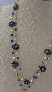 Blue floral cultured baroque pearl drop necklace