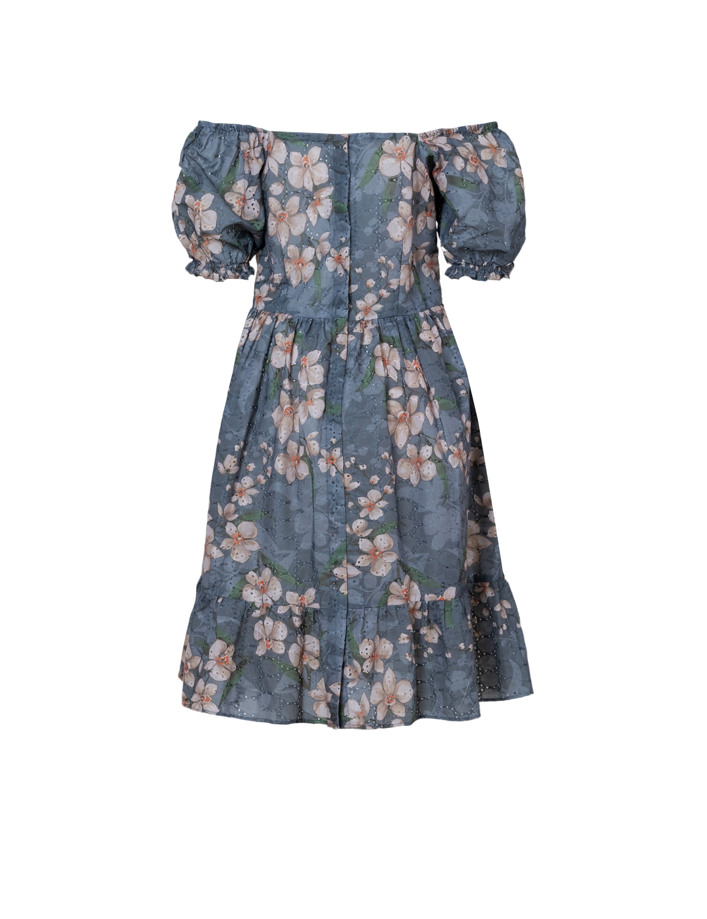  Elegant puff sleeve floral dress featuring an off-shoulder neckline and tiered skirt.