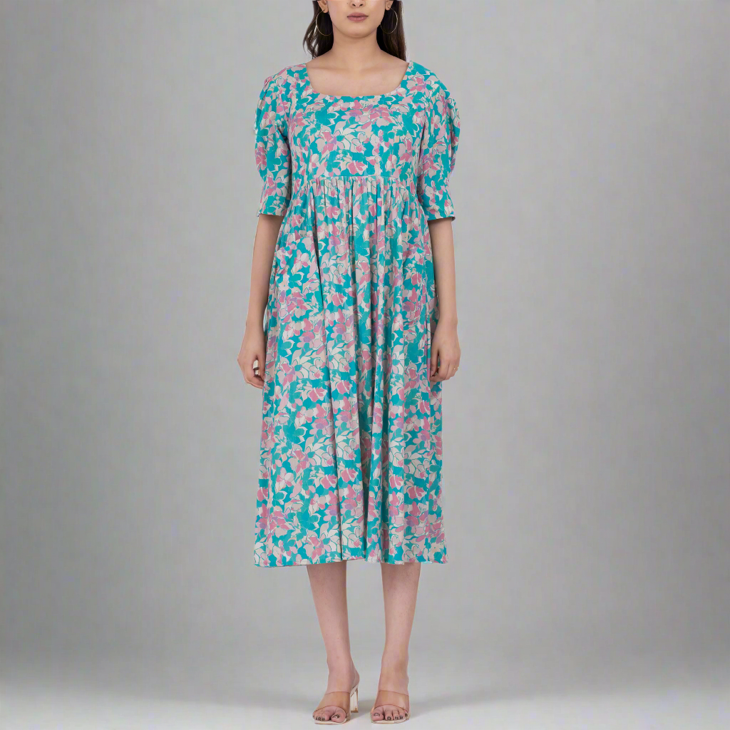 romantic floral print square neck midi dress in cotton