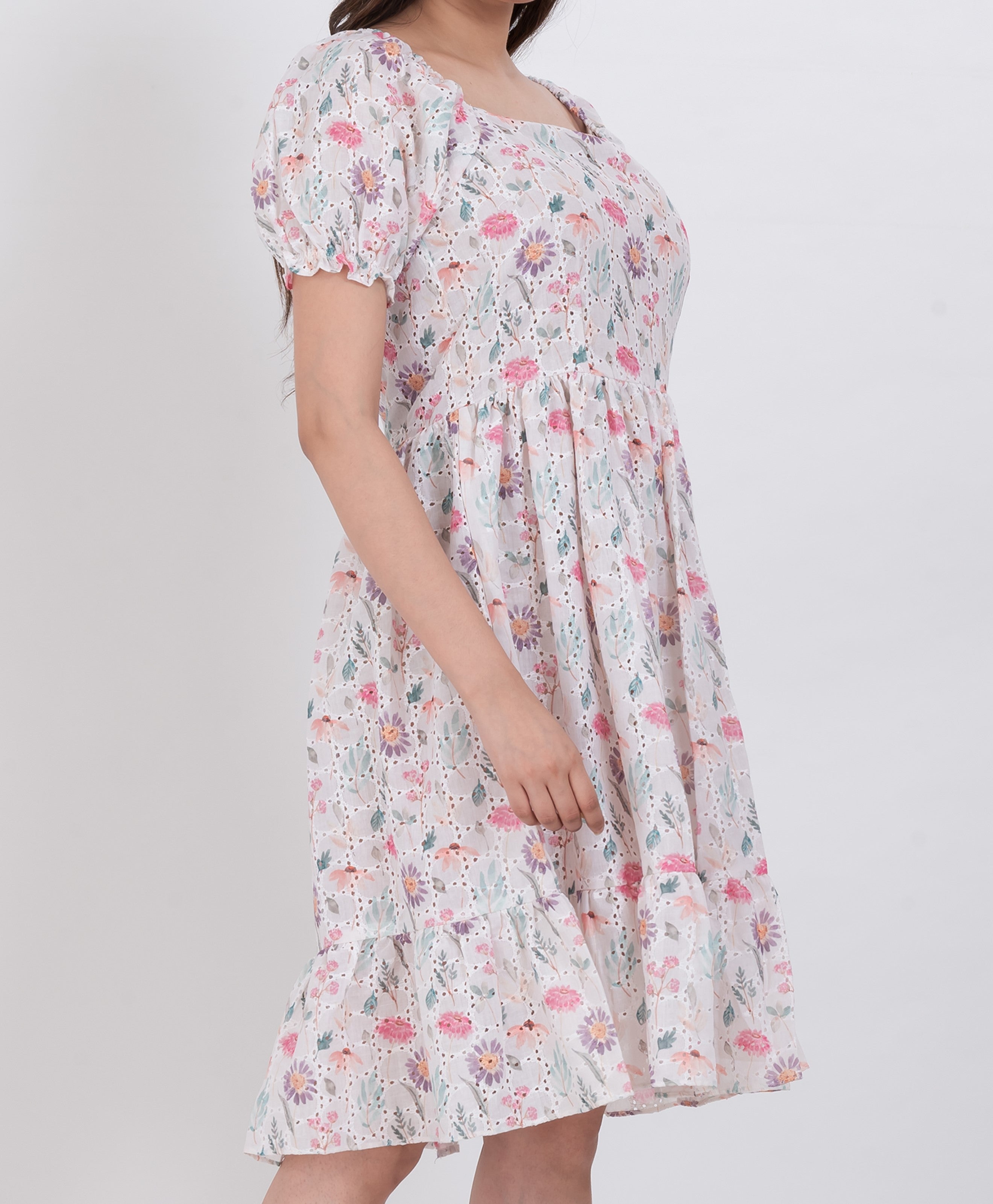 Floral puff sleeve dress, ideal for summer outings and casual wear.