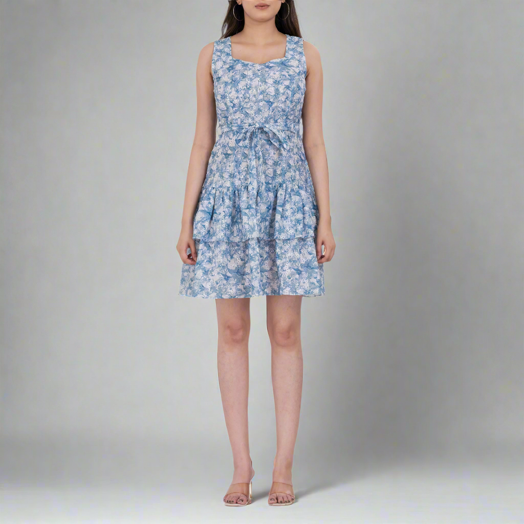 Close-up of the tiered detail of the floral print dress.