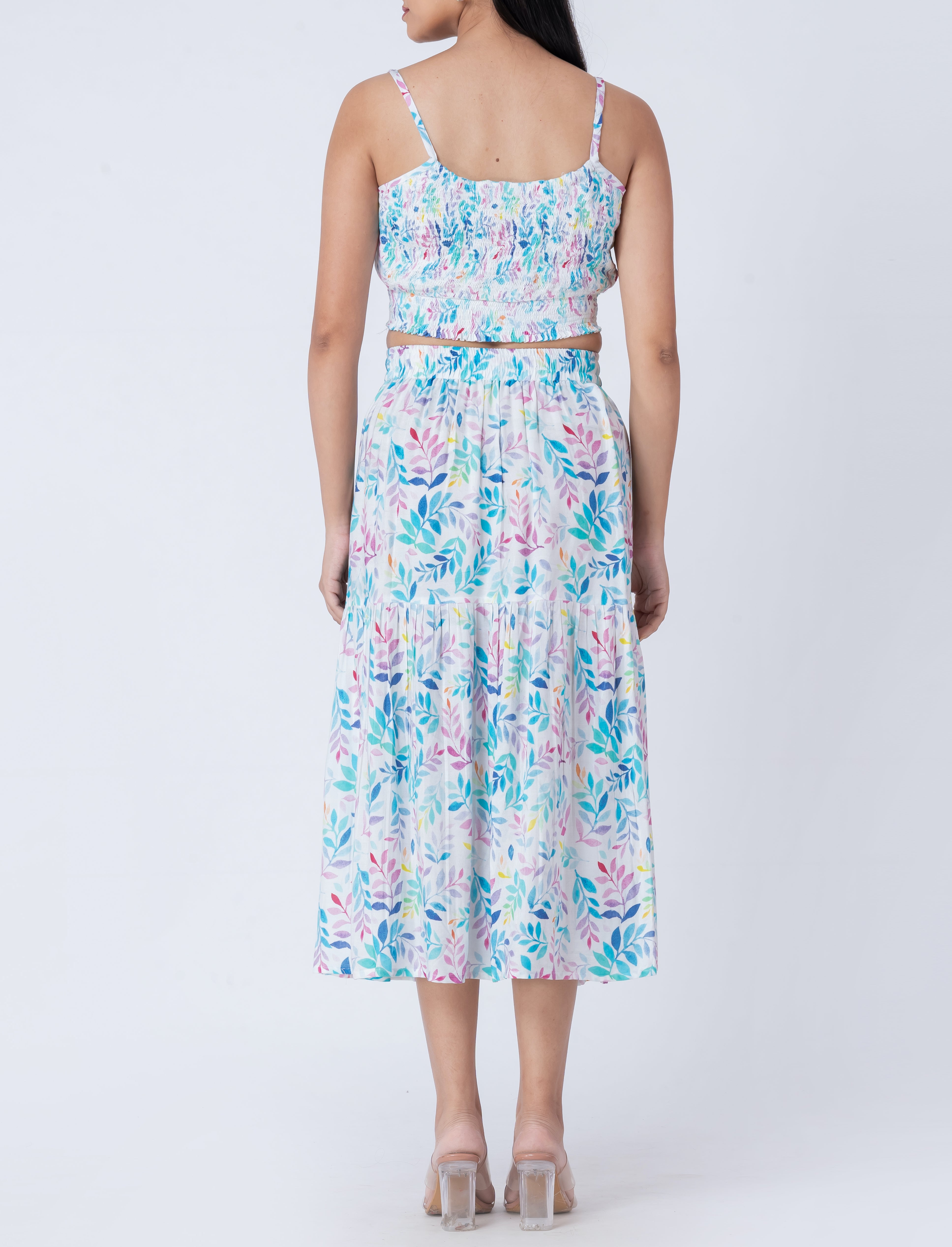 Boho style rayon skirt with tropical leaf print