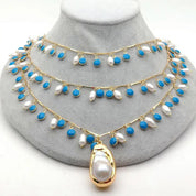 Freshwater white rice pearl blue enamel necklace and bracelet set