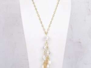 Handmade White Keshi Pearl Gold Color Plated Crystal Chain Necklace.