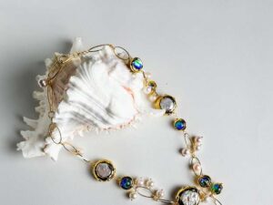 Freshwater Cultured White Keshi Pearl Murano Glass Necklace.