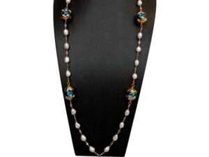 Natural White Baroque Pearl Blue Murano Glass Rosary Chain Long Necklace.
