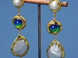 Handmade White Keshi Coin Pearl Blue Murano Glass Pearl Stud Earrings.