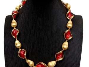Natural Red Murano Glass Gold Plated Brushed Bead Necklace.