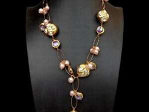 Vintage Freshwater White Keshi Pearl Pink Pearl Purple Murano Glass Chain Pearl Y-Drop Necklace.