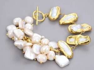 Natural White Biwa Keshi Pearl Chain Bracelet.