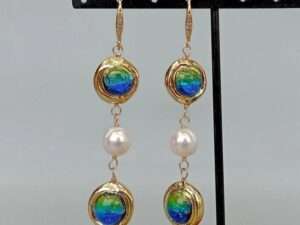 Vintage Freshwater Cultured White Keshi Pearl Blue Murano Glass Earrings.