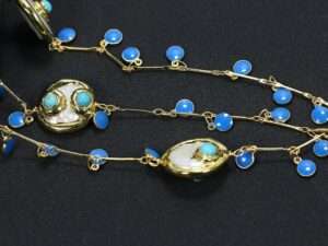 Handmade 3 Strands White Keshi Pearl Beads Blue Chain Bracelet.
