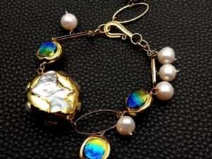 Natural Freshwater White Keshi Pearl Blue Murano Glass Bracelet.