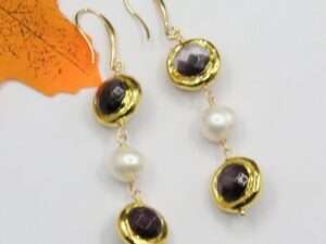 Natural Purple Cat eye Golden Beads Earrings.