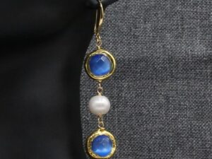 Handmade Freshwater White Keshi Pearl Blue Cat eye Earrings.