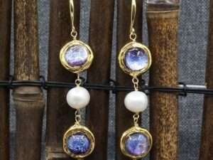 Handmade Purple Murano Glass Freshwater White Keshi Pearl Earrings.