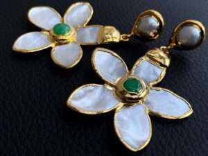 Handmade Natural Seashell Flower Shape White Pearl Earrings.
