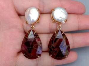 Natural White Coin Pearl Red Sea Sediment Drop Earrings.