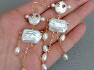 Handmade White Pearl Earrings Robot Shape Earrings.