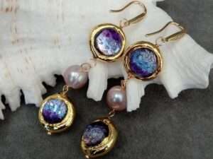 Handmade Freshwater Cultured Purple Pearl Murano Glass Earrings.